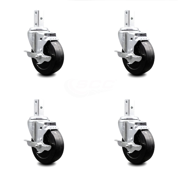 4 Inch Soft Rubber Wheel Swivel 7/8 Inch Square Stem Caster Set with Brake SCC